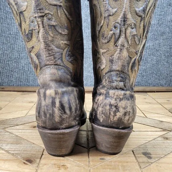 Stetson Women's 8.5 Black Brown Leather Studded Distressed Western Boots