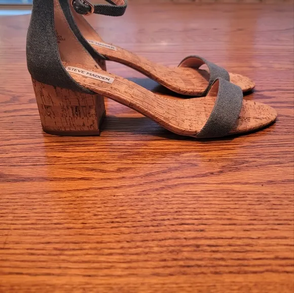 Steve Madden Blue Denim Block Cork Open Toe Shoes Heels Sandals