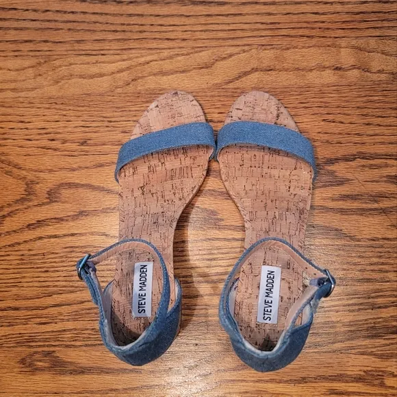Steve Madden Blue Denim Block Cork Open Toe Shoes Heels Sandals