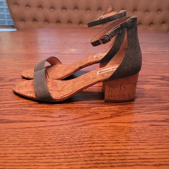 Steve Madden Blue Denim Block Cork Open Toe Shoes Heels Sandals