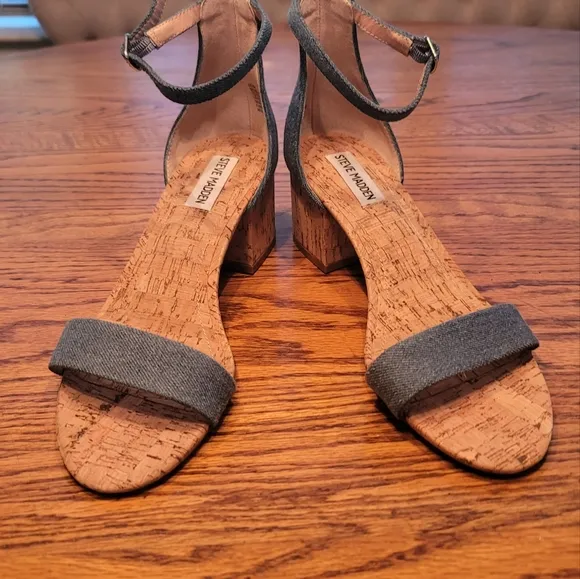 Steve Madden Blue Denim Block Cork Open Toe Shoes Heels Sandals