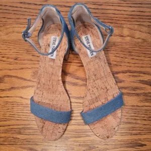 Steve Madden Blue Denim Block Cork Open Toe Shoes Heels Sandals