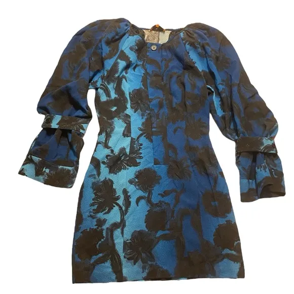 STILA GOYA SGLIBBY BLUE &amp; BLACK FLORAL LONG SLEEVE DRESS SIZE: SMALL, NWT $250