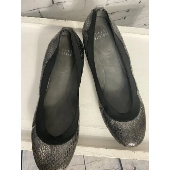 Stuart Weitzman 6M Womens Shoes Ballet Flat Silver Snakeskin Slip On Rck