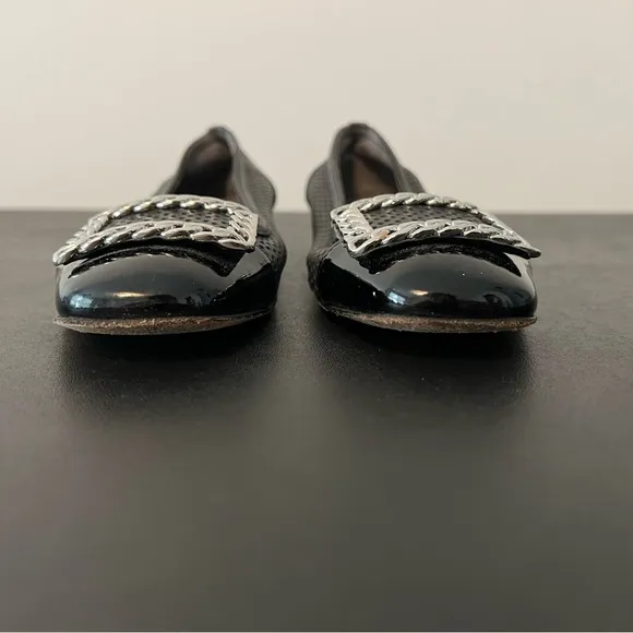 Stuart Weitzman Black  Patent Leather Low Heels Flat Mesh Silver  Buckle Size 5