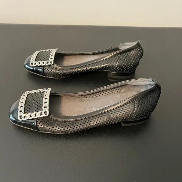 Stuart Weitzman Black  Patent Leather Low Heels Flat Mesh Silver  Buckle Size 5