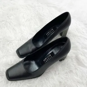 Stuart Weitzman Metallic Block Heel Square Toe Leather Shoes
