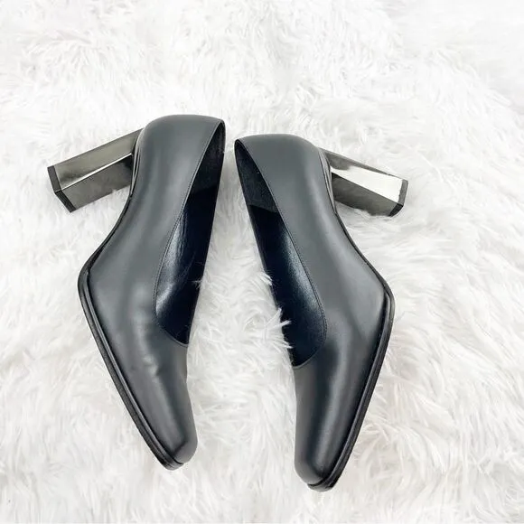 Stuart Weitzman Metallic Block Heel Square Toe Leather Shoes