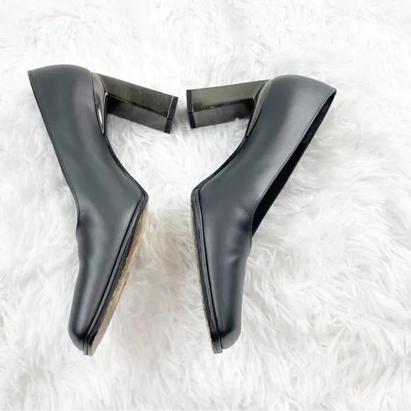 Stuart Weitzman Metallic Block Heel Square Toe Leather Shoes