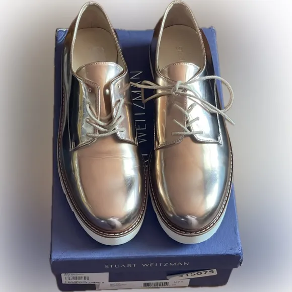Stuart Weitzman Metro Beige Glass Oxfords Size 7.5