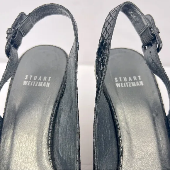 STUART WEITZMAN PATENT SNAKE PRINTED OPEN TOE WEDGE, BLACK, SIZE 8.5M, WOMEN’S