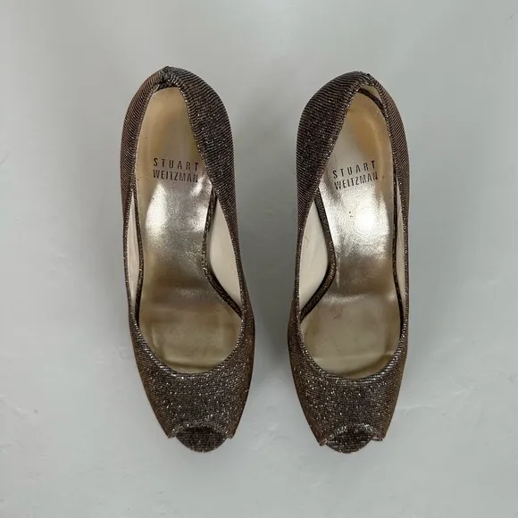 Stuart Weitzman Pyrite Nocturn Evebaton Evening Open Toe Platform Pumps | Size 7