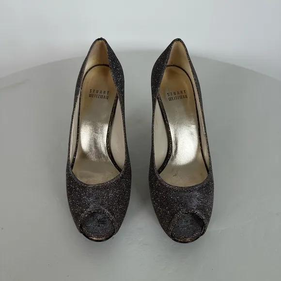 Stuart Weitzman Pyrite Nocturn Evebaton Evening Open Toe Platform Pumps | Size 7