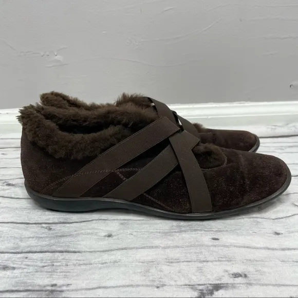 STUART WEITZMAN Suede Faux Fur Sneaker Shoes Size 9.5 Brown Slip On