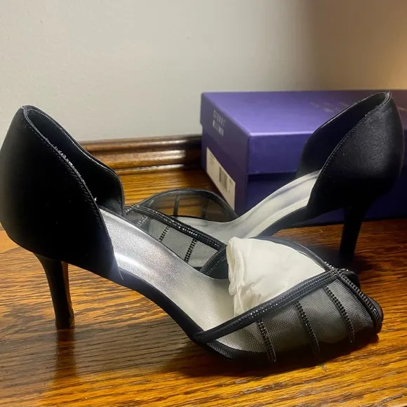 STUART WEITZMAN Women's Shoes Satin Mesh Open Toes Black Pumps Size 8 M Art Deco