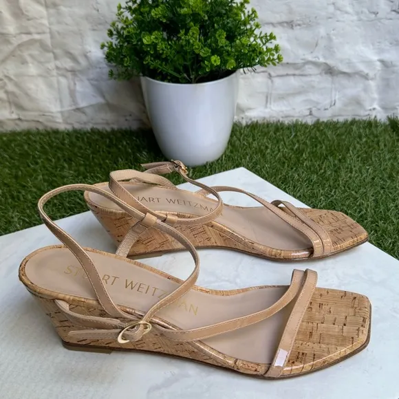 Stuart WeitzmanOasis 50MM Leather Wedge Sandalsa size 7 Adobe (Nude) Cork