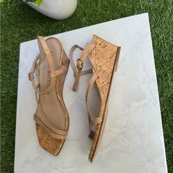 Stuart WeitzmanOasis 50MM Leather Wedge Sandalsa size 7 Adobe (Nude) Cork