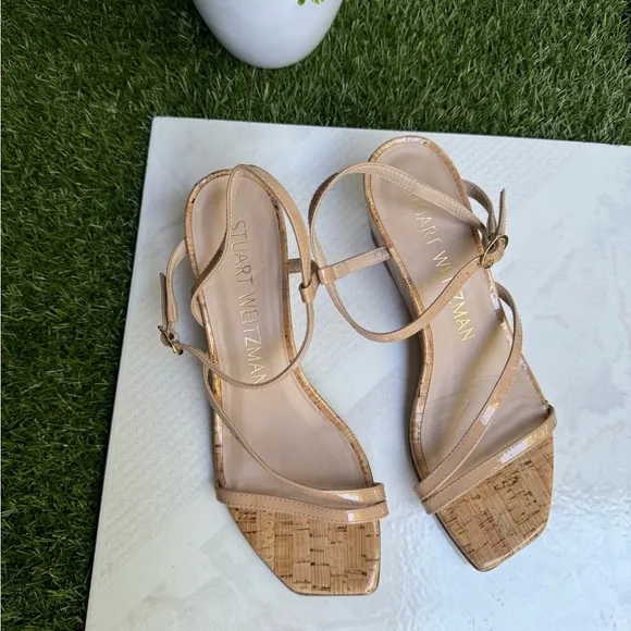 Stuart WeitzmanOasis 50MM Leather Wedge Sandalsa size 7 Adobe (Nude) Cork