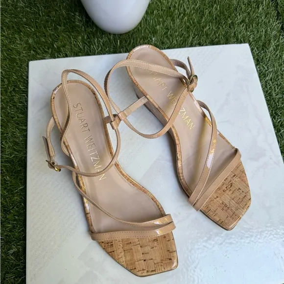 Stuart WeitzmanOasis 50MM Leather Wedge Sandalsa size 7 Adobe (Nude) Cork