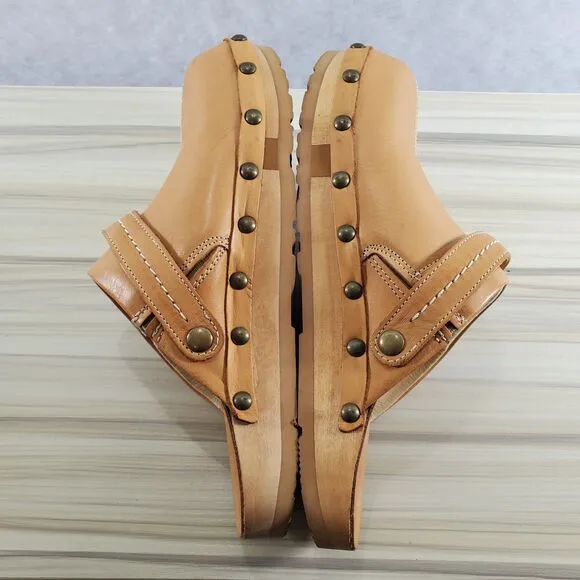 sz 6 Kalso Earth Shoes Natural Shanti Mule Clog Vegetable Tanned Leather Rivets