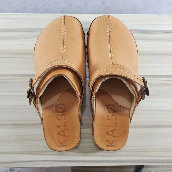 sz 6 Kalso Earth Shoes Natural Shanti Mule Clog Vegetable Tanned Leather Rivets