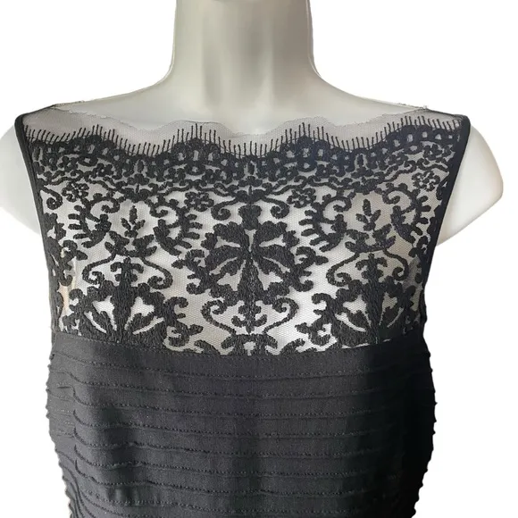 Tadashi Shoji Black Embroidered Illusion Lace Pintuck Jersey Dress Formal Gown