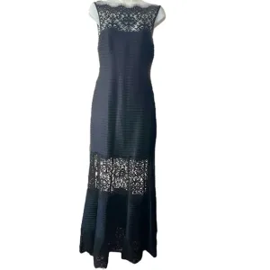 Tadashi Shoji Black Embroidered Illusion Lace Pintuck Jersey Dress Formal Gown