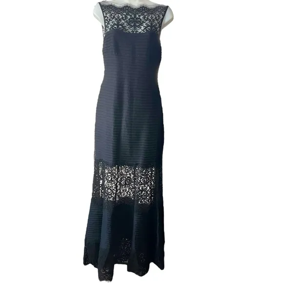 Tadashi Shoji Black Embroidered Illusion Lace Pintuck Jersey Dress Formal Gown