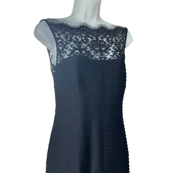Tadashi Shoji Black Embroidered Illusion Lace Pintuck Jersey Dress Formal Gown