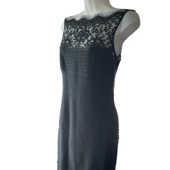 Tadashi Shoji Black Embroidered Illusion Lace Pintuck Jersey Dress Formal Gown