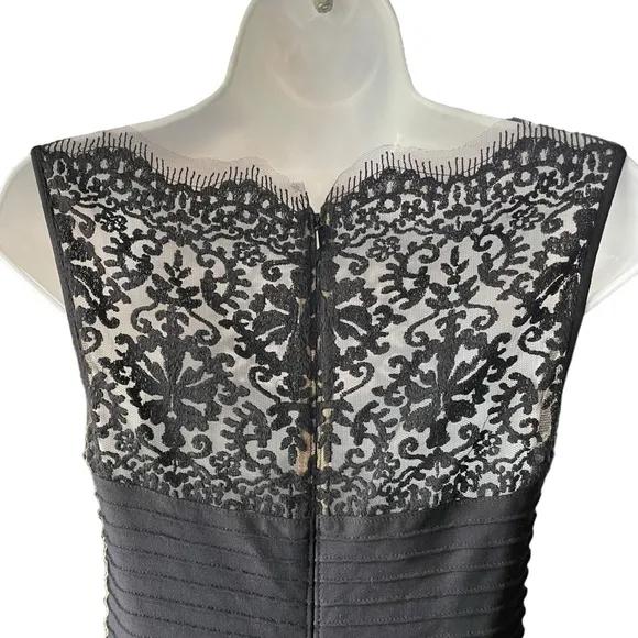 Tadashi Shoji Black Embroidered Illusion Lace Pintuck Jersey Dress Formal Gown