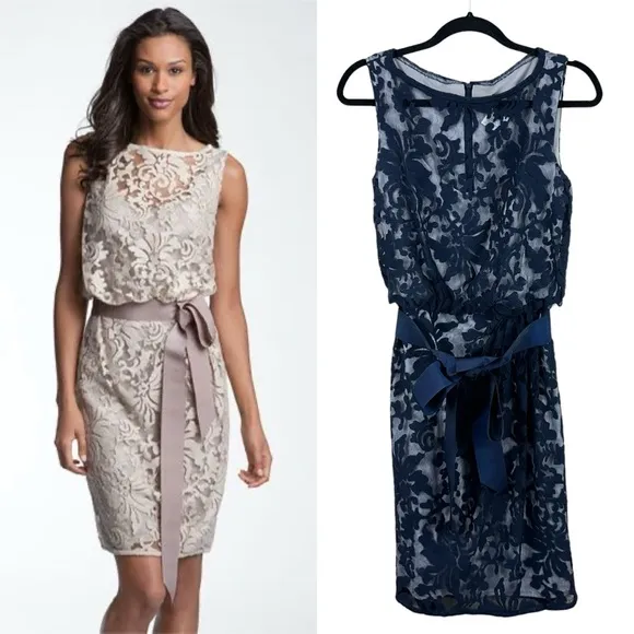 Tadashi Shoji Lace Overlay Blouson Sleeveless Cocktail Dress Navy Sz 6