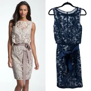 Tadashi Shoji Lace Overlay Blouson Sleeveless Cocktail Dress Navy Sz 6