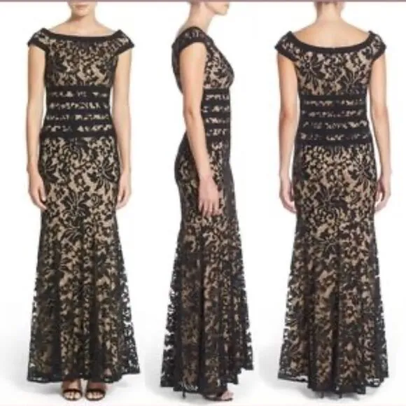 TADASHI SHOJI Navy/Nude Lace Mermaid Cap Sleeve Formal Full Length Gown Sz 14