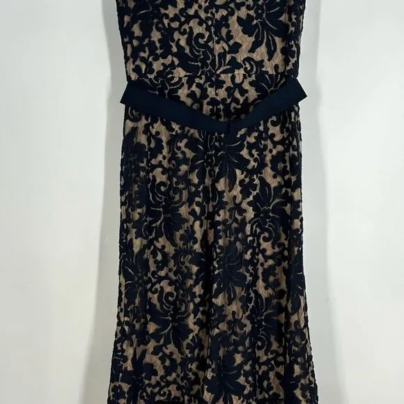 TADASHI SHOJI Navy/Nude Lace Mermaid Cap Sleeve Formal Full Length Gown Sz 14