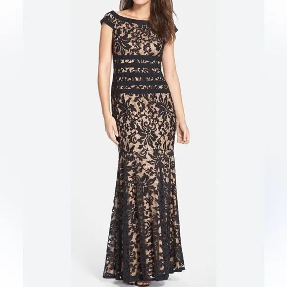 TADASHI SHOJI Navy/Nude Lace Mermaid Cap Sleeve Formal Full Length Gown Sz 14