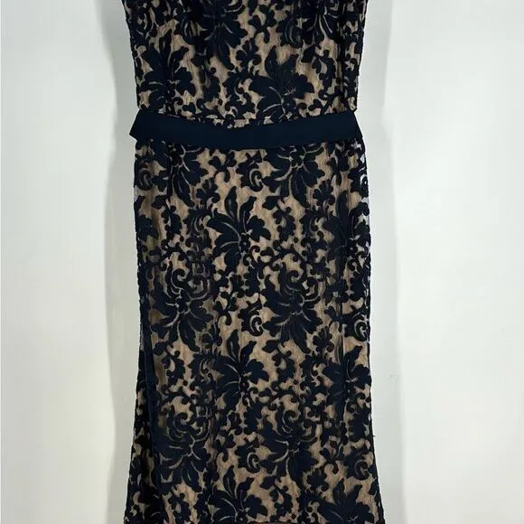 TADASHI SHOJI Navy/Nude Lace Mermaid Cap Sleeve Formal Full Length Gown Sz 14