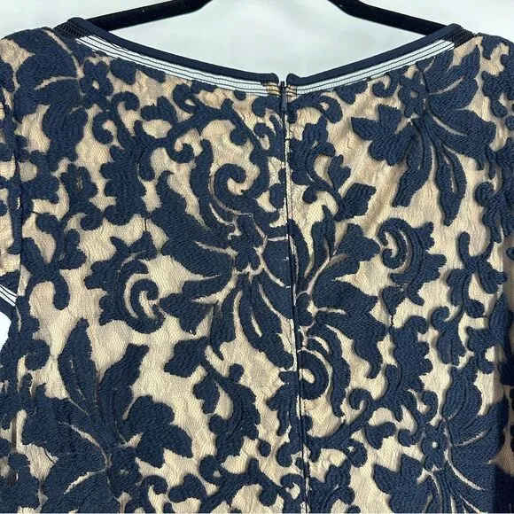 TADASHI SHOJI Navy/Nude Lace Mermaid Cap Sleeve Formal Full Length Gown Sz 14