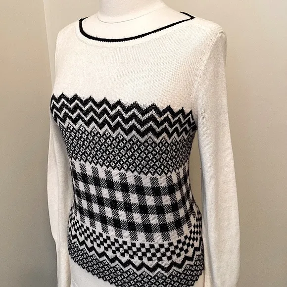 Talbots Cream Black Metallic Chevron Gingham Geometric Wool Blend Sweater Size S