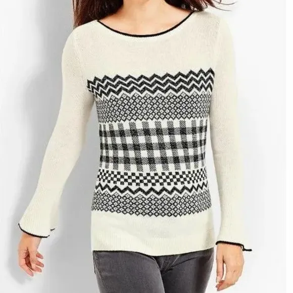 Talbots Cream Black Metallic Chevron Gingham Geometric Wool Blend Sweater Size S