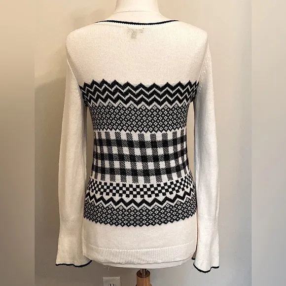 Talbots Cream Black Metallic Chevron Gingham Geometric Wool Blend Sweater Size S