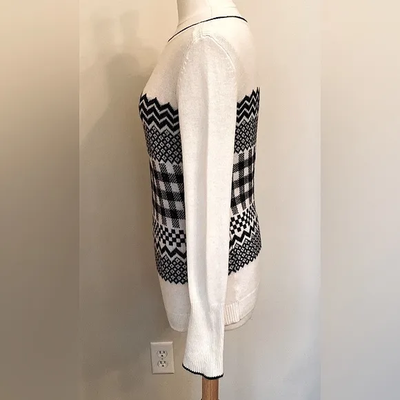 Talbots Cream Black Metallic Chevron Gingham Geometric Wool Blend Sweater Size S