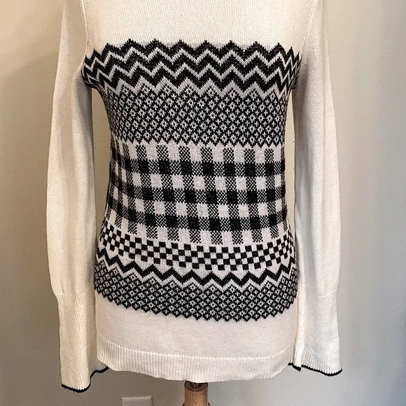 Talbots Cream Black Metallic Chevron Gingham Geometric Wool Blend Sweater Size S