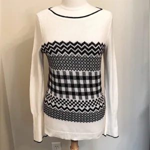 Talbots Cream Black Metallic Chevron Gingham Geometric Wool Blend Sweater Size S