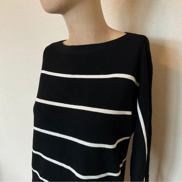 Talbots Striped Bateau Boat Neck Knit Sweater Black White 3/4 Sleeve EUC Women S