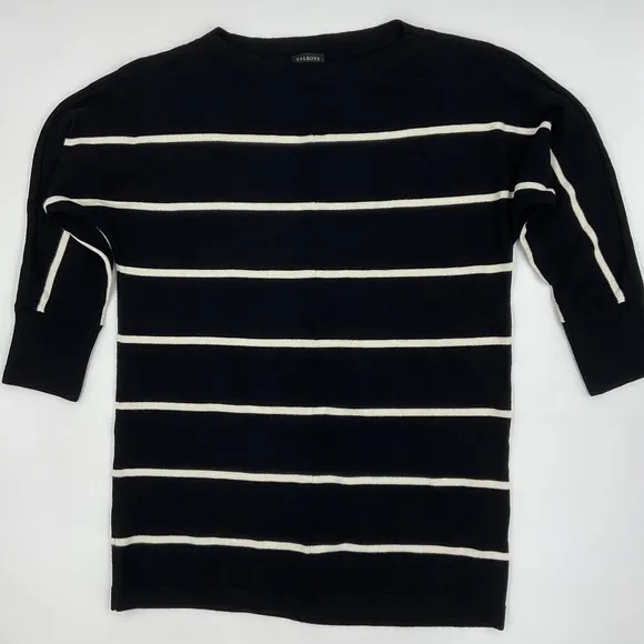 Talbots Striped Bateau Boat Neck Knit Sweater Black White 3/4 Sleeve EUC Women S