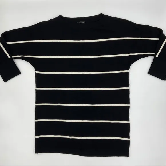 Talbots Striped Bateau Boat Neck Knit Sweater Black White 3/4 Sleeve EUC Women S