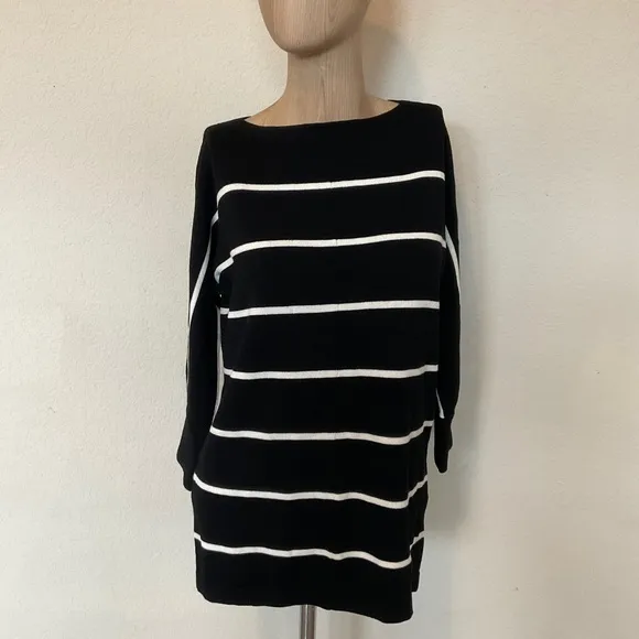 Talbots Striped Bateau Boat Neck Knit Sweater Black White 3/4 Sleeve EUC Women S