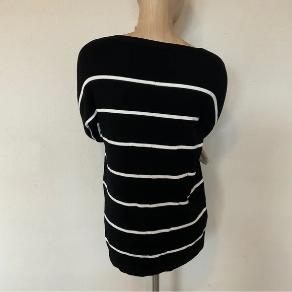 Talbots Striped Bateau Boat Neck Knit Sweater Black White 3/4 Sleeve EUC Women S