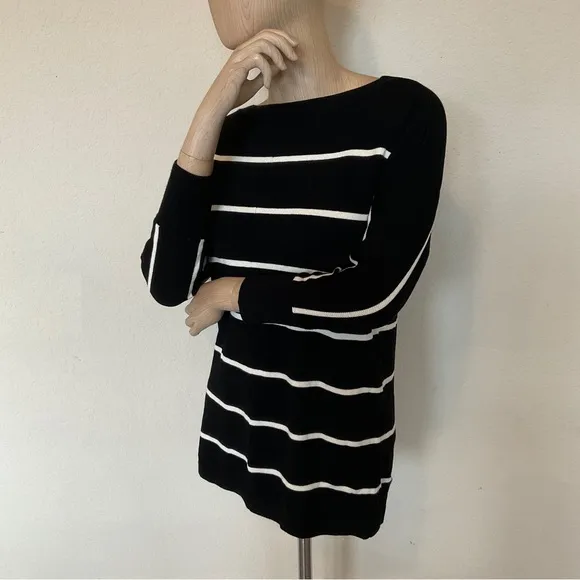 Talbots Striped Bateau Boat Neck Knit Sweater Black White 3/4 Sleeve EUC Women S